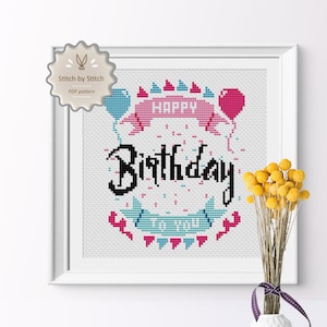 Modèle de point de croix moderne, Happy Birthday EasyCross Stitch Téléchargement instantané, Party Decor Cross Stitch Point de Croix