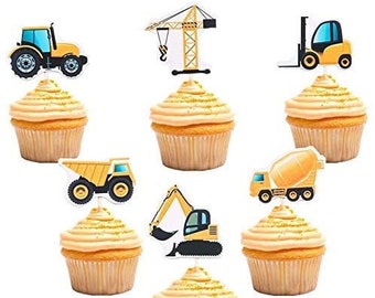 Construction Cupcake Toppers Dump Truck Tractor Excavator Car Decorations for Kids Birthday Party Supplies Cake Picks 48pcs, cup cake topper