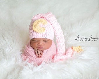 Long tail Moon Hat,Star And Moon Hat,Baby Girl Hat,Crochet Elf Hat ,Newborn Photo Prop,Infant Hat,Pink color Baby Hat,Newborn Baby Moon Hat