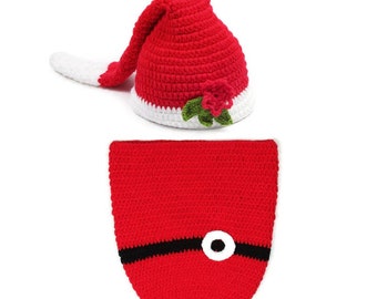 Newborn Christmas Photo Prop Santa baby Knitted Newborn Hat Cocoon Set Newborn Cocoon Santa Swaddle Sack Girl Outfit Costume Christmas gift