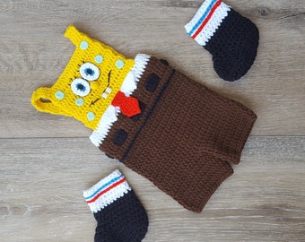 Crochet Sponge bob costume, Newborn Sponge bob photo prop,Baby boy Crochet outfit,Photo Outfit,baby shower gift,Cartoon character photo prop