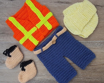 construction worker set -crochet Baby outfit , newborn Helmet,Safety Vest and Shoes, Construction worker Photo prop, crochet worker outfit