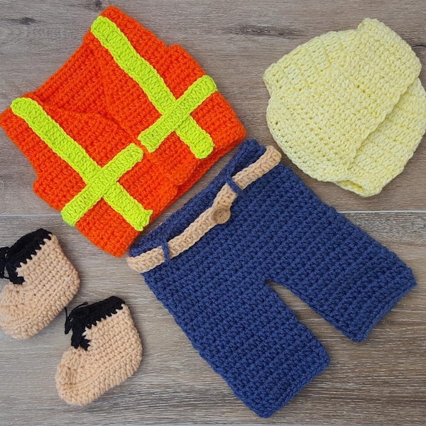 construction worker set -crochet Baby outfit , newborn Helmet,Safety Vest and Shoes, Construction worker Photo prop, crochet worker outfit