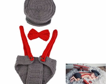 Old Fashion Baby boy outfit photo prop Valentine costume Baby boy Crochet Knit Costume Photo Crochet Bow and Hat new born prop accessories