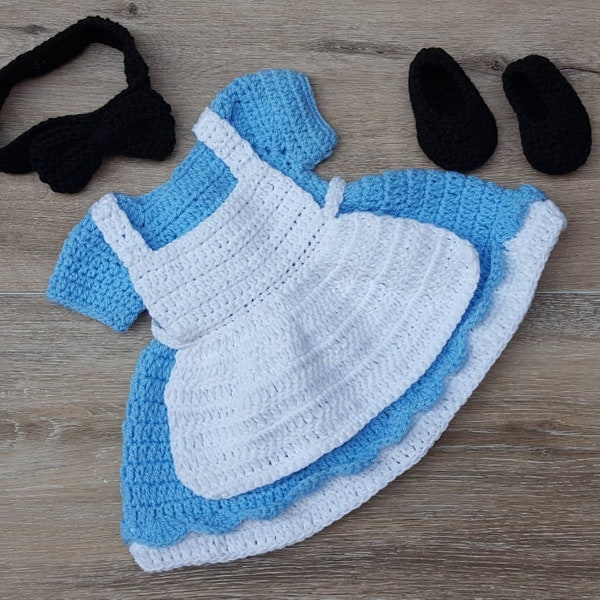 Alice im Wunderland Baby Foto Outfit gehäkelt, Baby Mädchen Kostüm, Disney Prinzessinnen Outfit, Neugeborenen Foto Requisite, Baby-Dusche-Geschenk. Größe 0-3 Meter