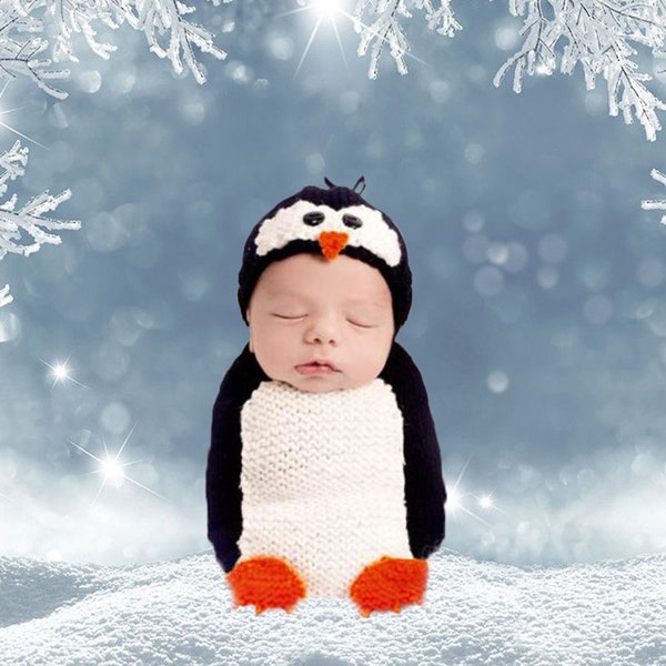 Disfraz de pingüino recién nacido, accesorio fotográfico para bebés, traje de punto de ganchillo para niños / niñas bebés, trajes fotográficos, accesorios para bebés, accesorios para recién nacidos, accesorio fotográfico