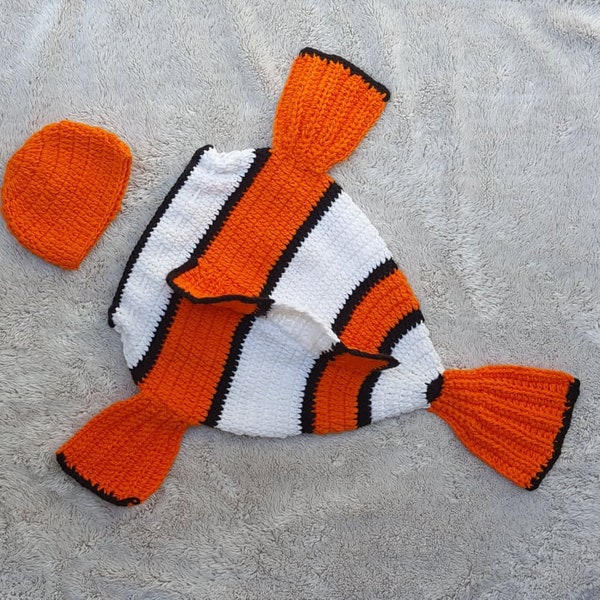 Tenue de poisson rouge Nemo pour nouveau-né au crochet, tenue de poisson plie, tenue de poisson au crochet, cocon de poisson clown, accessoire photographique Nemo au crochet, accessoire photographique nautique