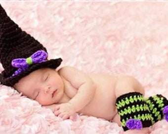 Newborn Halloween costume, witch hat, crochet witch hat, Halloween outfit, newborn photo prop,crochet witch hat, baby witch hat, leg warmers