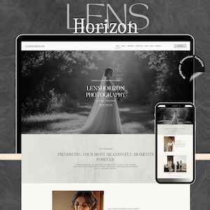 May include: A website design for Lens Horizon Photography, displayed on a tablet and smartphone. The website features a black and white image of a bride in a wedding dress. The text "Lens Horizon Photography" is visible.
