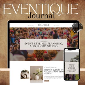 May include: A website design for Eventique Journal is shown on a tablet and a smartphone. The website promotes event styling, planning, and photo studio services. The design incorporates event images and floral arrangements.