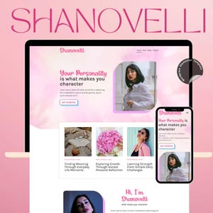 Op de afbeelding: Een laptop en smartphone tonen een website-ontwerp met de naam "Shanvelli" in roze. De website heeft een roze en witte kleurstelling, met afbeeldingen en tekst die persoonlijke groei bevorderen.