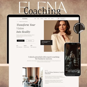 Puede incluir: Diseño web en una tableta y un smartphone. La tableta muestra el texto "Transforma tu visión en realidad" y "Desbloquea el potencial con coaching experto para el éxito empresarial." El smartphone muestra a una mujer con un vestido negro.