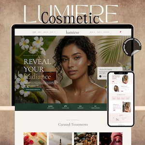 May include: A website design for a cosmetic brand, featuring a woman holding a jar of cream. The website's headline reads "Reveal Your Radiance." A smartphone displays a related webpage. The brand name "Lumiere Cosmetic" is at the top.