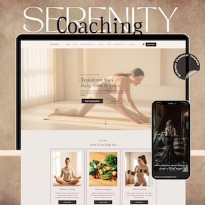Puede incluir: Una pantalla digital de un sitio web con el texto "Serenity Coaching" y "Transforma tu cuerpo, mente y espíritu". El sitio web presenta imágenes de yoga, nutrición y fitness. Un smartphone muestra una foto de una mujer con un vestido negro.