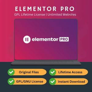 Puede incluir: Una pantalla de portátil muestra el logotipo de Elementor Pro sobre un fondo degradado de color púrpura y rosa. El texto "ELEMENTOR PRO" y "GPL Lifetime License | Unlimited Websites" están en la parte superior. Debajo hay cuatro iconos de marca de verificación verdes con el texto: "Original Files", "Lifetime Access", "GPL/GNU License" e "Instant Download".