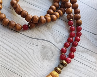 Japa mala 108 perles agate verte ou grenat et bois méditation yoga collier protection