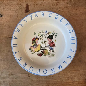 Vintage Lord Nelson Pottery Child&#39;s Alphabet Nursery Rhymes bowl Teeter Totter Mid century modern retro baby gift nursery playground