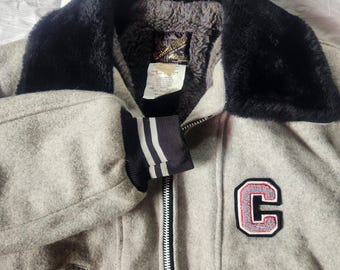 Vintage wool varsity hockey jacket black gray captains bomber jacket mint cond.