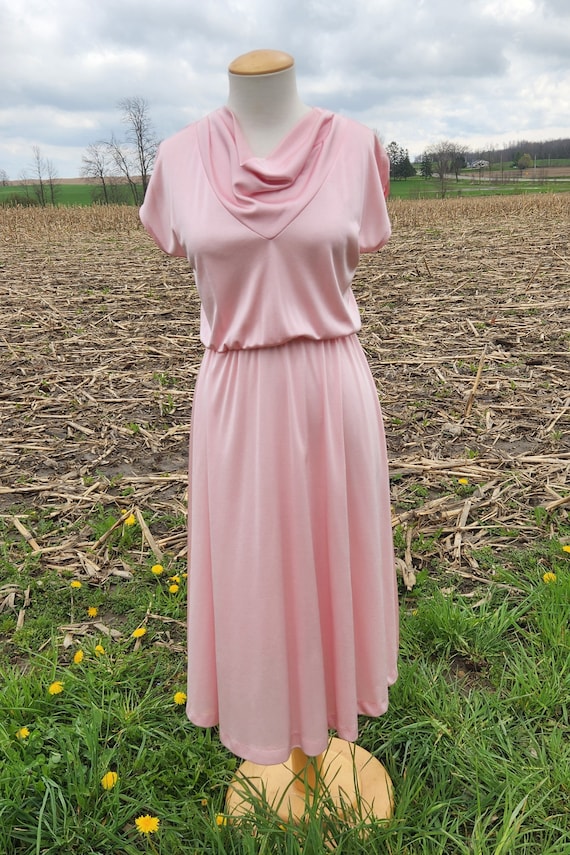 1970s Light Pink Cowl Neck Polyester Dress, Handmade Vintage XS/S