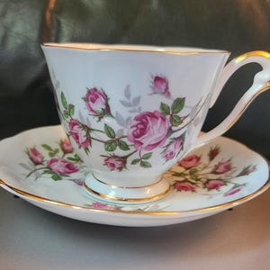 Queen Anne Pink Roses Green Leaf Gold Pattern Tea Cup Saucer. Cottagecore Bridal Wedding Farmhouse Vintage Grandmacore Granmillenial Party