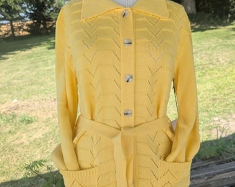Vintage 1970s Knit Cardigan: Yellow Chevron Belted Sweater (S/M)