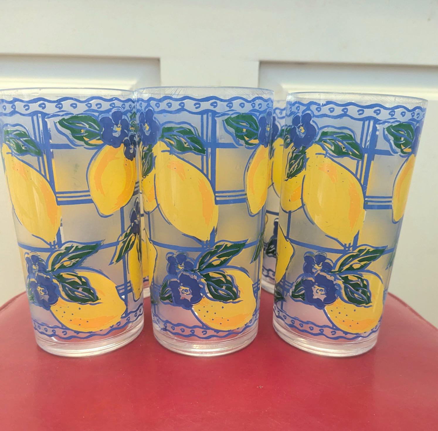 Vintage 90s Retro 6 Acrylic Highball Glasses Tumblers Yellow Blue Lemons  1990 Patio Porch Pool Summer