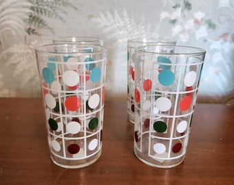 Mid-Century Spotted Glass Tumblers, Set of 4 Retro MCM, Red, Teal, Black, White dots