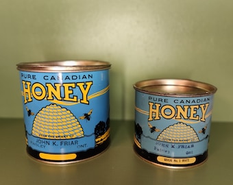 Canadian Honey Tin John k. Friar.  Paisley Ontario Canada vintage antique pure Canadian Honey Blue Green