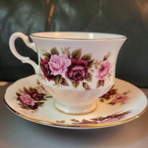 Queen Anne Pink Roses flowers Gold Pattern Tea Cup Saucer. Cottagecore Bridal Wedding Farmhouse Vintage Grandmacore Granmillenial Tea Party
