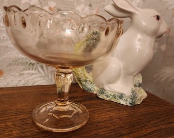 Vintage Indiana Glass Blush Pink Teardrop Compote, Scalloped Rim