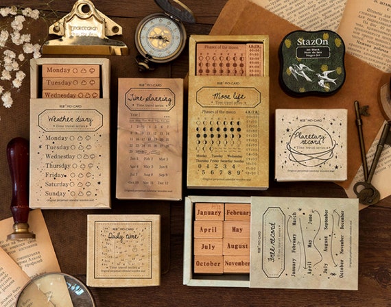 Ready Made Rubber Stamp - Time Travel Vintage Perpetual Calendar Wooden Rubber Stamp Set