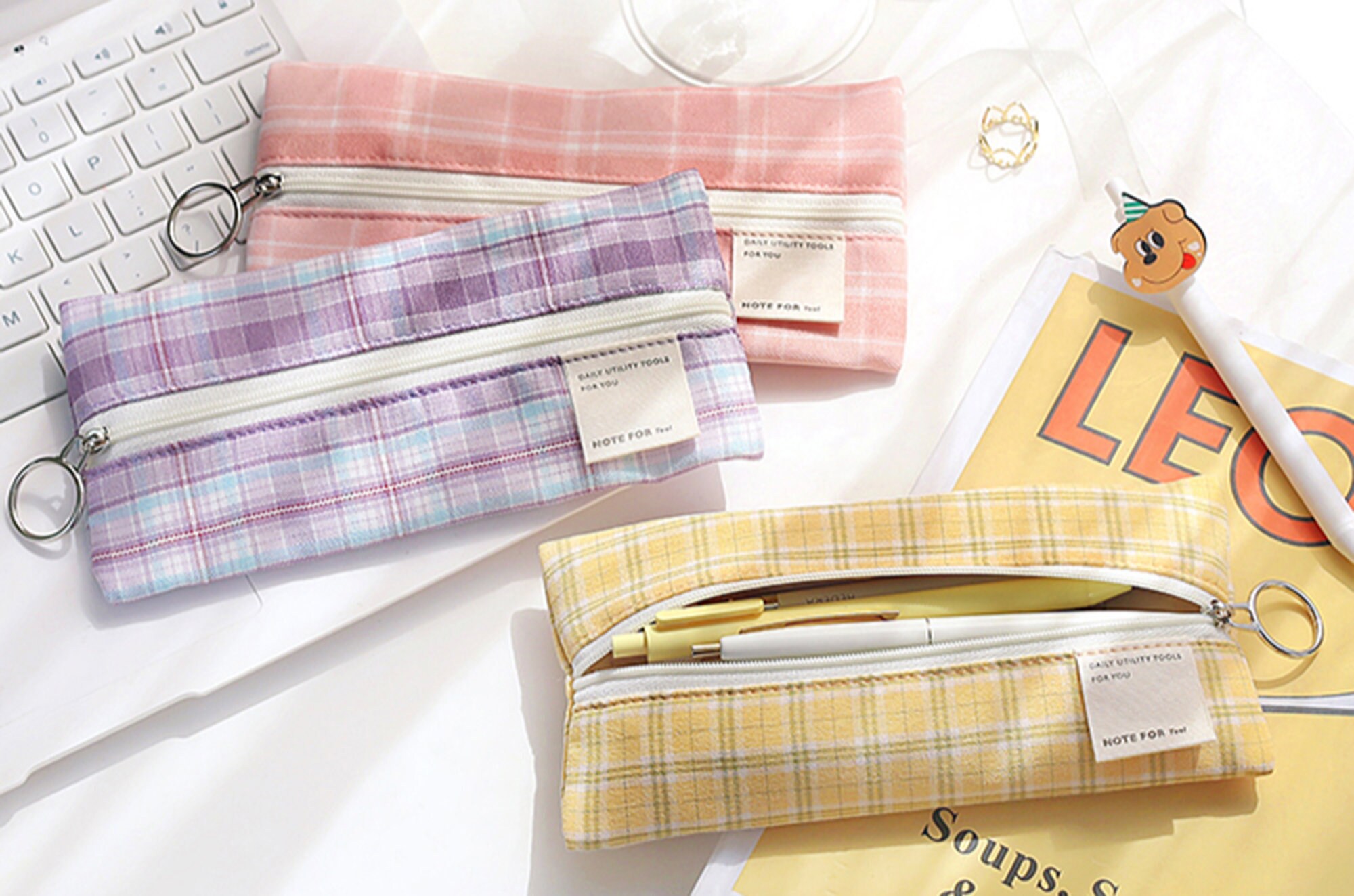 Cotton Big Pocket Pencil Case - 8 Colors | Checked With Zipper Stationery Organizer Pen