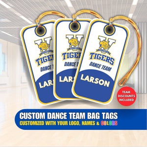 Etiquetas personalizadas para bolsas de equipos de baile, regalos personalizados para equipos de baile con su logotipo, colores y nombres, descuentos para equipos aplicados automáticamente, SIN MÍNIMOS