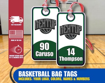 Etiquetas personalizadas para bolsas de equipo de baloncesto / Diseñadas con el logotipo, colores, nombres y números del equipo / Descuentos para equipos disponibles / Sin compra mínima / Regalos geniales para los amantes del baloncesto