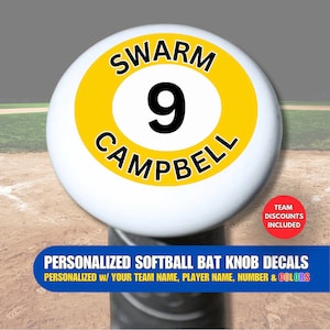 Personalized Softball Bat Knob Decals, Choose Text, Number & Colors, Easy To Apply, Tracks Your Bat, Team Discounts Included, No Minimums