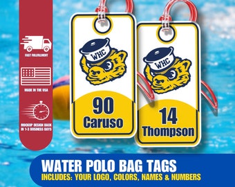 Water Polo Bag Tag, Water Polo Gifts, Includes Team Logo, Colors, Names and Numbers, Team Orders Encouraged, No Minimum, Track Your Gear