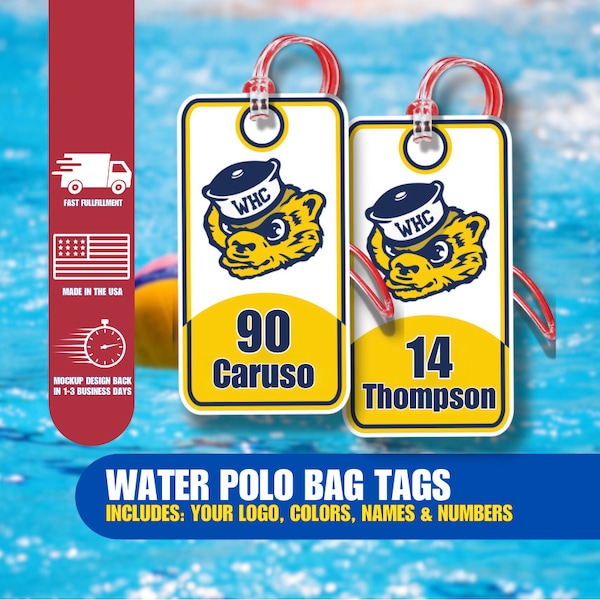 Water Polo Bag Tag, Water Polo Gifts, Includes Team Logo, Colors, Names and Numbers, Team Orders Encouraged, No Minimum, Track Your Gear