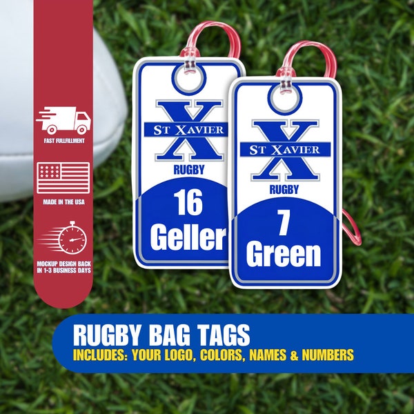 Rugby Bag Tag, Rugby Gifts, Includes Team Logo, Colors, Names and Numbers, Team Orders Encouraged, No Minimum, Track Your Gear