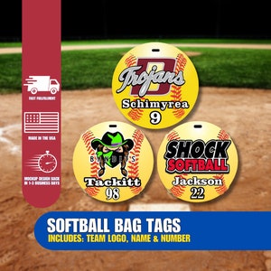 Softball Shaped Bag Tag, Softball Gifts, Includes Team Logo, Colors, Names and Numbers, Team Orders Encouraged, No Minimum, Track Your Gear