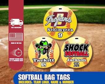 Softball Shaped Bag Tag, Softball Gifts, Includes Team Logo, Colors, Names and Numbers, Team Orders Encouraged, No Minimum, Track Your Gear