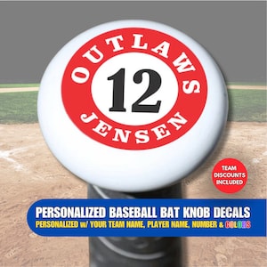 Personalized Baseball Bat Knob Decals, Choose Text, Number & Colors, Easy To Apply, Tracks Your Bat, Team Discounts Included, No Minimums