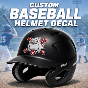 May include: Black baseball helmet with a bulldog logo and the text "CUSTOM BASEBALL HELMET DECAL". The helmet has a visor and ear protection. A baseball player is in the background.