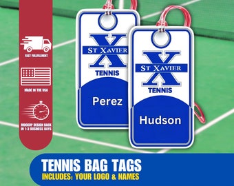 Étiquette de sac de tennis, cadeaux de tennis, logo de l'équipe inclus, couleurs, noms et numéros, commandes d'équipe encouragées, pas de minimum, suivi de votre équipement