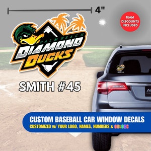 Baseball Car Window Decals & Stickers, Baseball Team Gifts, Includes Your Logo, Colors, and Names