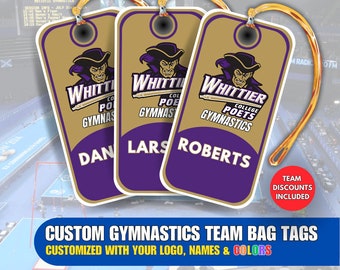 Custom Gymnastics Bag Tags, Customized Gymnastics Gifts With Your Logo, Colors & Names, Team Discounts Automatically Applied, No Minimums