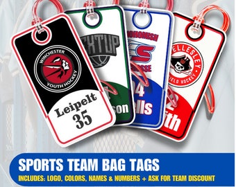 Custom Baseball Bag Tag, Football Luggage Tag, Hockey bag tag, bag Tag, Includes Your Logo, Name/Numbers | Team Orders - Priced per item*