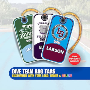 Diving Team Bag Tags, Customized With Your Logo, Colors & Names, Team Discounts Automatically Applied, No Minimums