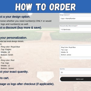 Pode incluir: Como encomendar bot&otilde;es de taco de beisebol. Escolha uma op&ccedil;&atilde;o de design, personalize com um logotipo, nome ou n&uacute;mero, selecione um desconto e adicione ao carrinho. A imagem mostra um campo de beisebol com um formul&aacute;rio de design de bot&atilde;o de taco.