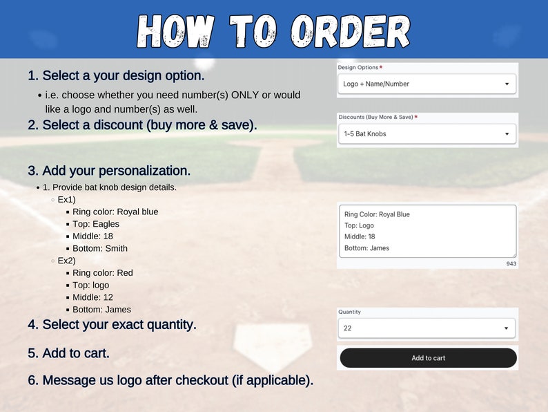 Pode incluir: Como encomendar bot&otilde;es de taco de beisebol. Escolha uma op&ccedil;&atilde;o de design, personalize com um logotipo, nome ou n&uacute;mero, selecione um desconto e adicione ao carrinho. A imagem mostra um campo de beisebol com um formul&aacute;rio de design de bot&atilde;o de taco.