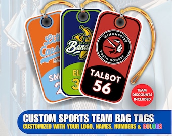 Custom Sports Team Bag Tag, Bag Tags for Football, Hockey, Baseball, Basketball, Etc, Customized w/ Logo, Name/Numbers, Team Discounts Apply